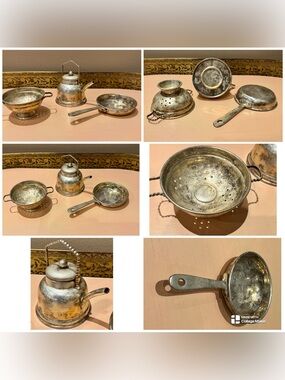 Set of 3 Vintage Silver Plate Colander Tea Kettle Fry Pan Kitchen Toy Miniatures